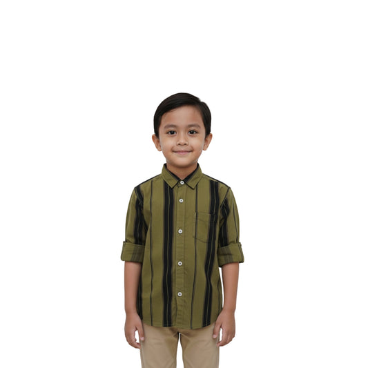 Boys' Olive Green & Black Striped Shirt – Smart & Sleek