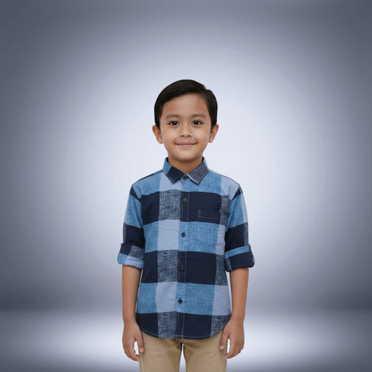 Boys' Blue & Navy Patch Check Shirt – Cool & Contemporary Look