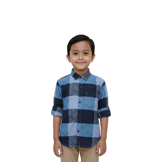 Boys' Blue & Navy Patch Check Shirt – Cool & Contemporary Look