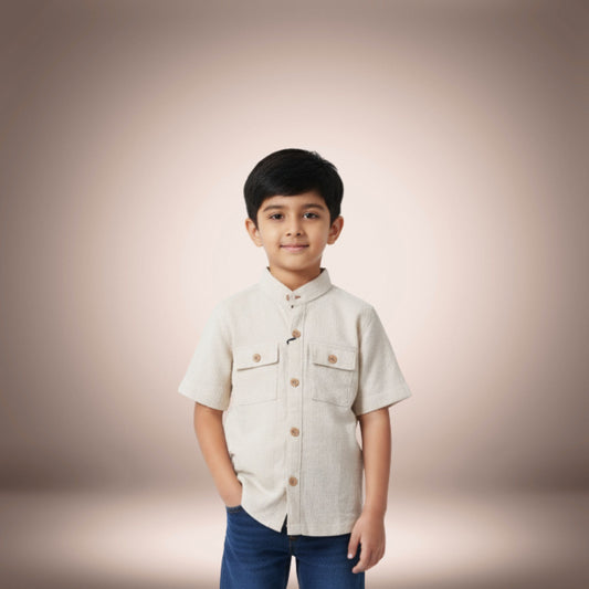 Boys' Beige Mandarin Collar Shirt with Front Pockets – Elegant & Versatile