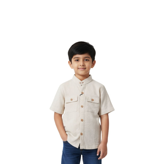 Boys' Beige Mandarin Collar Shirt with Front Pockets – Elegant & Versatile