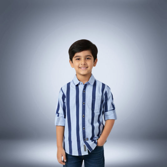 Stylish Boys' Blue Vertical Stripe Casual Shirt – Comfortable & Trendy