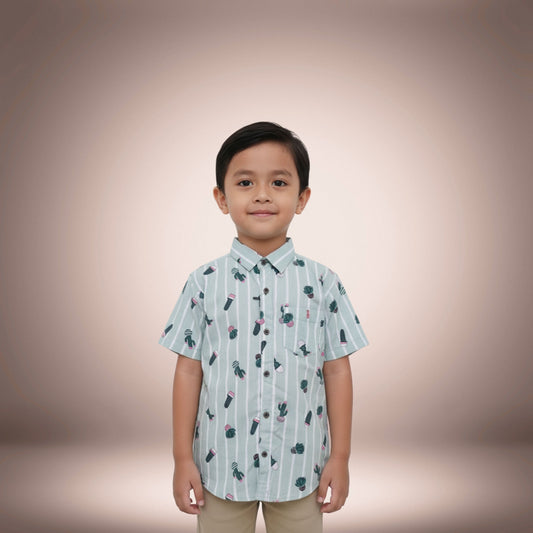 Boys' Green Striped Printed Shirt – Fun & Fresh Look