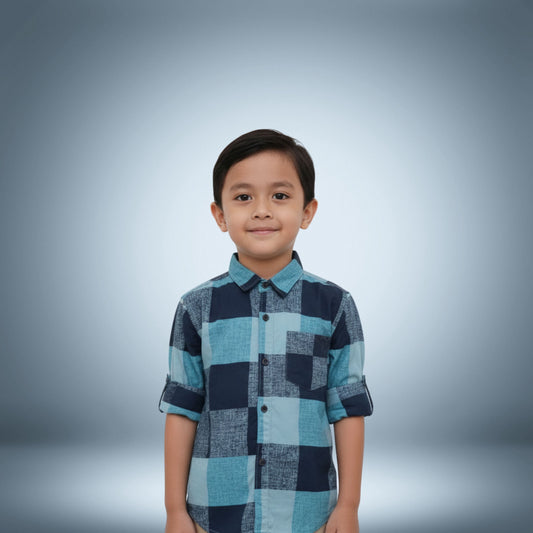 Boys' Navy & Teal Colorblock Checked Shirt – Bold & Stylish