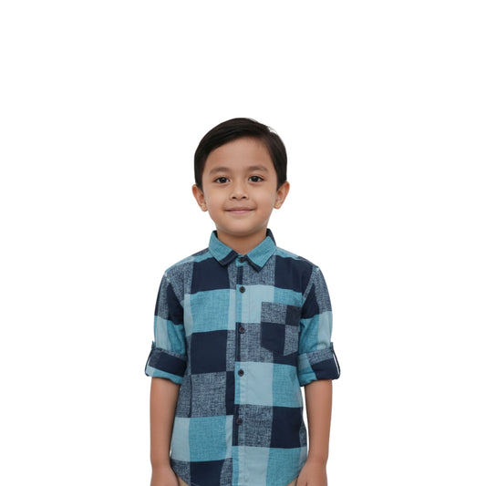 Boys' Navy & Teal Colorblock Checked Shirt – Bold & Stylish