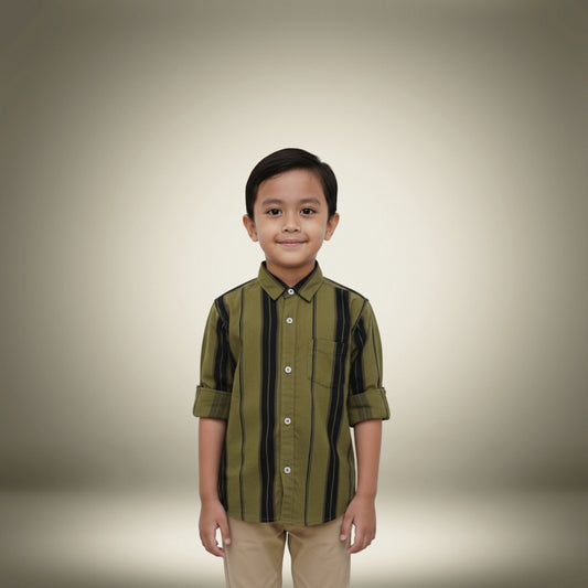 Boys' Olive Green & Black Striped Shirt – Smart & Sleek