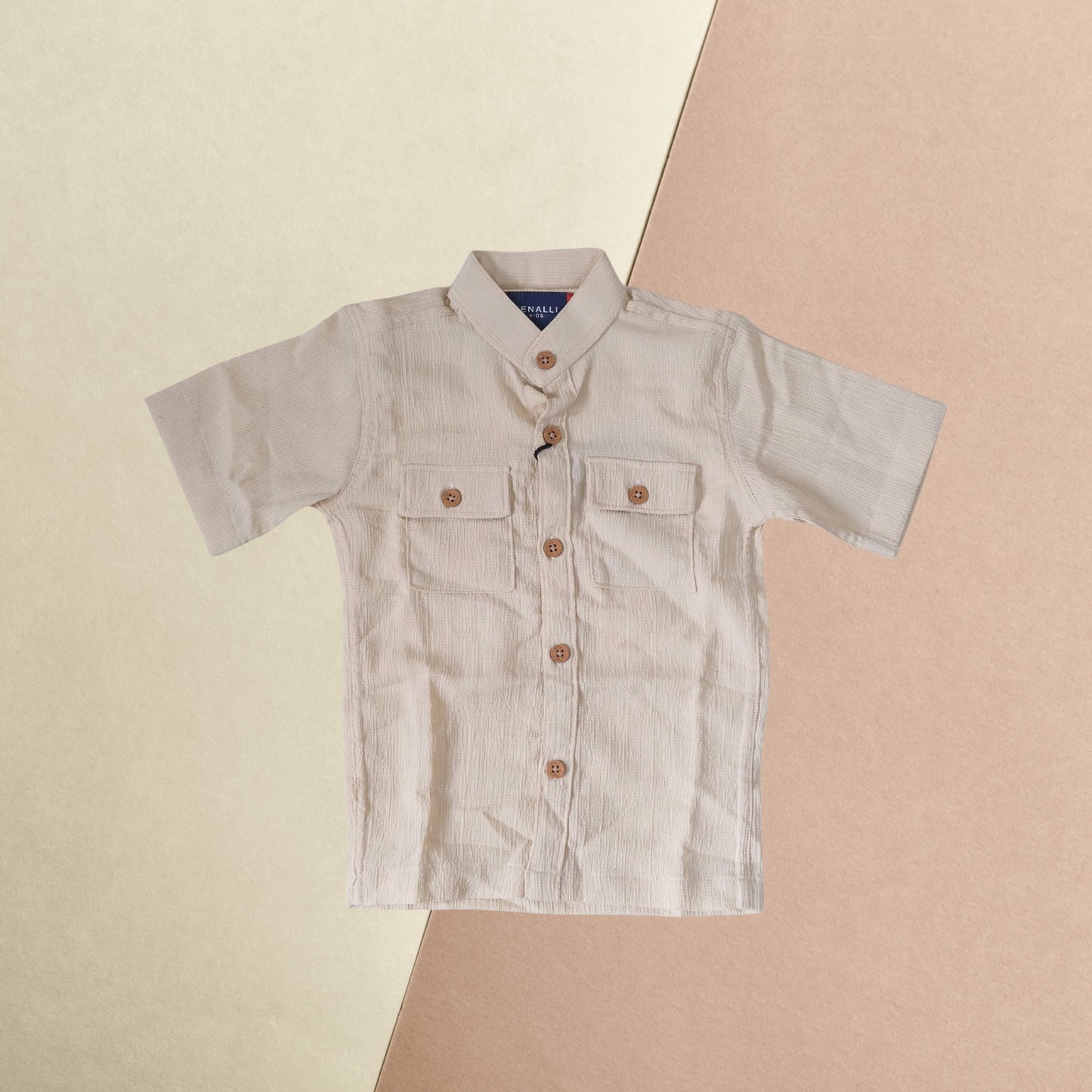 Boys' Beige Mandarin Collar Shirt with Front Pockets – Elegant & Versatile