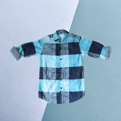 Boys' Navy & Teal Colorblock Checked Shirt – Bold & Stylish