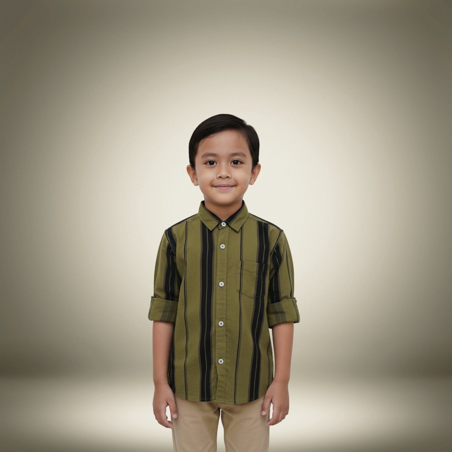 Boys' Olive Green & Black Striped Shirt – Smart & Sleek